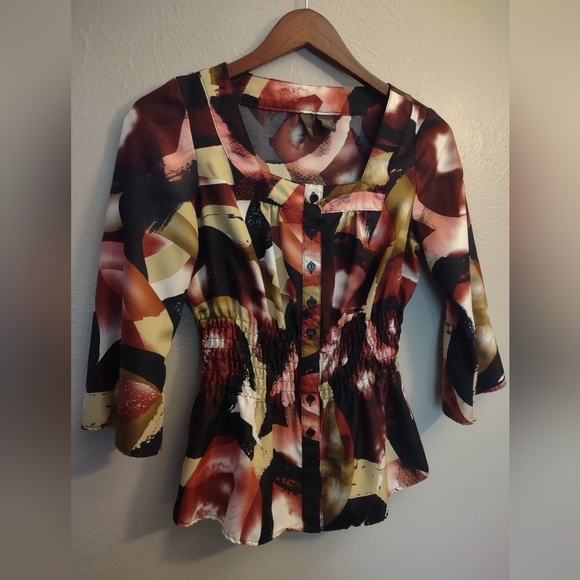 SERE NADE Abstract Print Peplum Blouse Black Cream Gold Dusty Pink - Picture 2 of 12
